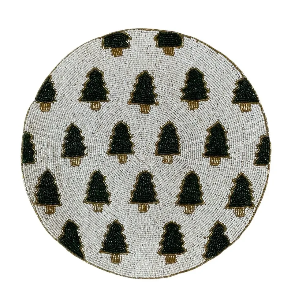 Tahari Christmas Tree Beaded Placemat 15in Chic Holiday Decor Green & White New